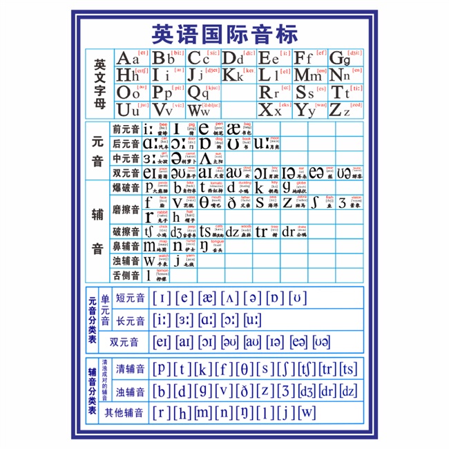 md国际英语音标发音表墙贴 补习班教室布置元音辅音