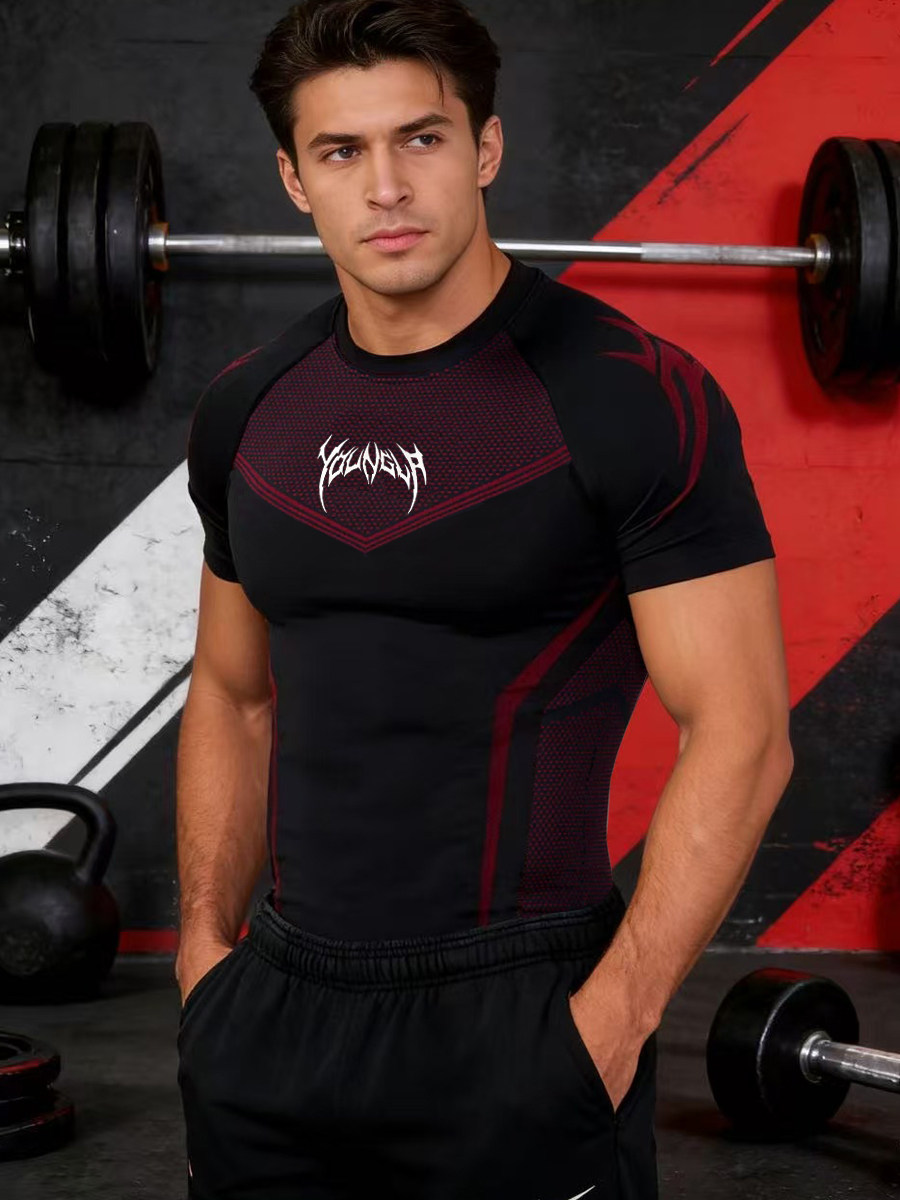 thumbnail for Sports Short-Sleeved Men's T-Shirt, Fitness Clothing, High Elasticity, Quick-Drying, Breathable, Muscle-Revealing Training Clothing, American Fashion Brand Youngal