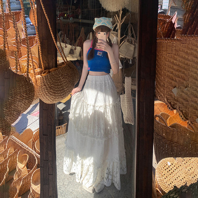 YC&复古高腰蛋糕裙蕾丝镂空a字裙小众设计感显瘦长裙半身裙春夏