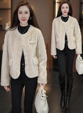 MONLOUVE秋冬小香风圆领彷毛皮长袖外套女设计感小众上衣宽松显瘦