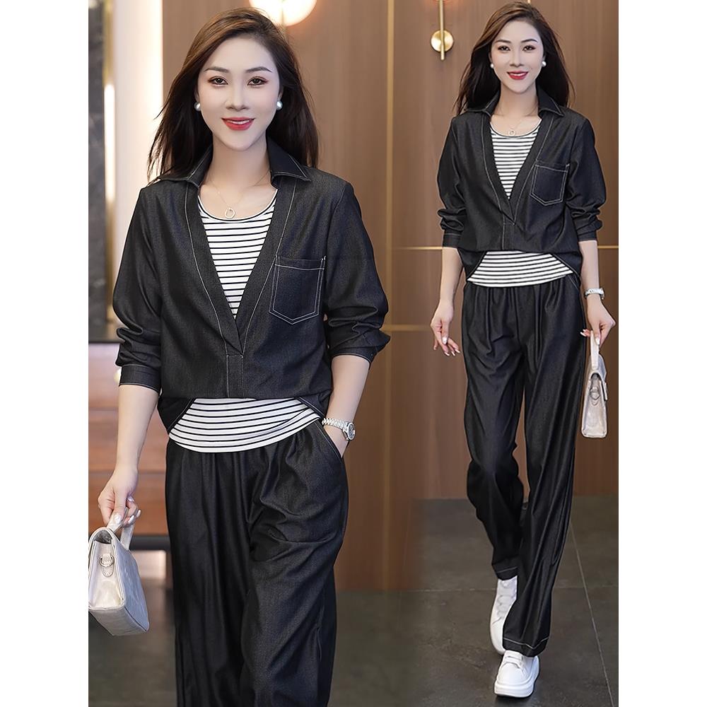 MONLOUVE时尚牛仔套装女2025秋季新款洋气显瘦长袖衬衫背心阔腿裤