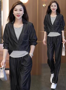 MONLOUVE时尚牛仔套装女2025秋季新款洋气显瘦长袖衬衫背心阔腿裤