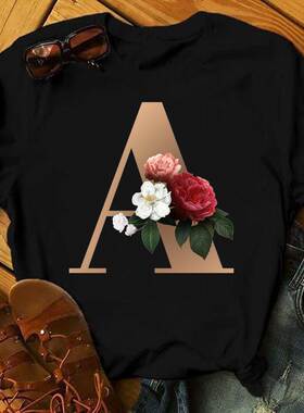Black Letter Floral Tshirt 时尚金色26字母鲜花印花男女黑色T恤