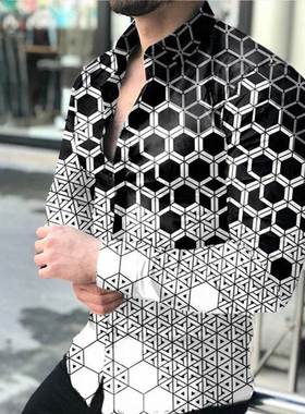 2022欧美秋男士长袖大码上衣渐变黑色几何图印花衬衣Men's Shirts