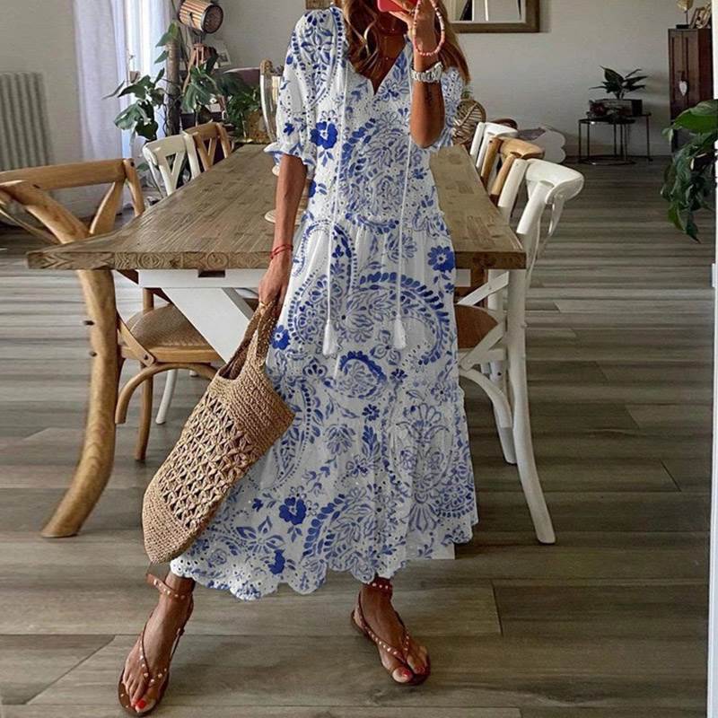 Embroidered Slim Long Dress Vintage Drawstring Design Dress