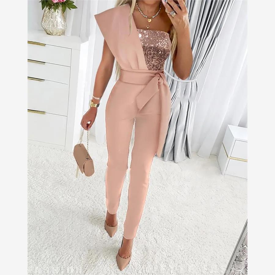 修身收腰单肩亮片连体裤 Contrast Sequin One Shoulder Jumpsuit