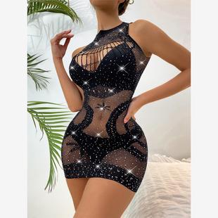 Babydoll性感烫钻透视渔网连衣裙 Cutout Halter Rhinestone