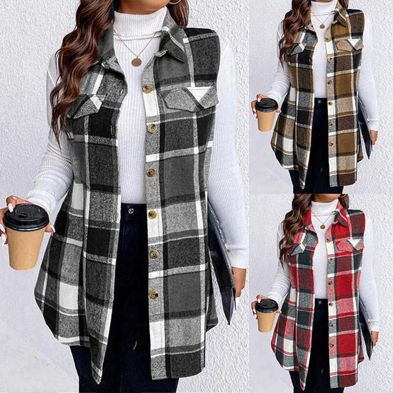 Plus size Women Casual Plaid Vest 2024Autumn Winter Tops马甲