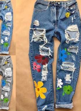 Printed hole high waist women's jeans trousers女士牛仔裤