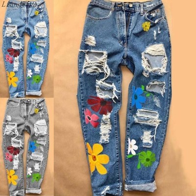 Printed hole high waist women's jeans trousers女士牛仔裤
