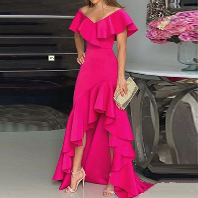V-neck Ruffle evening dress欧美气质V领荷叶边不规则礼服连衣裙