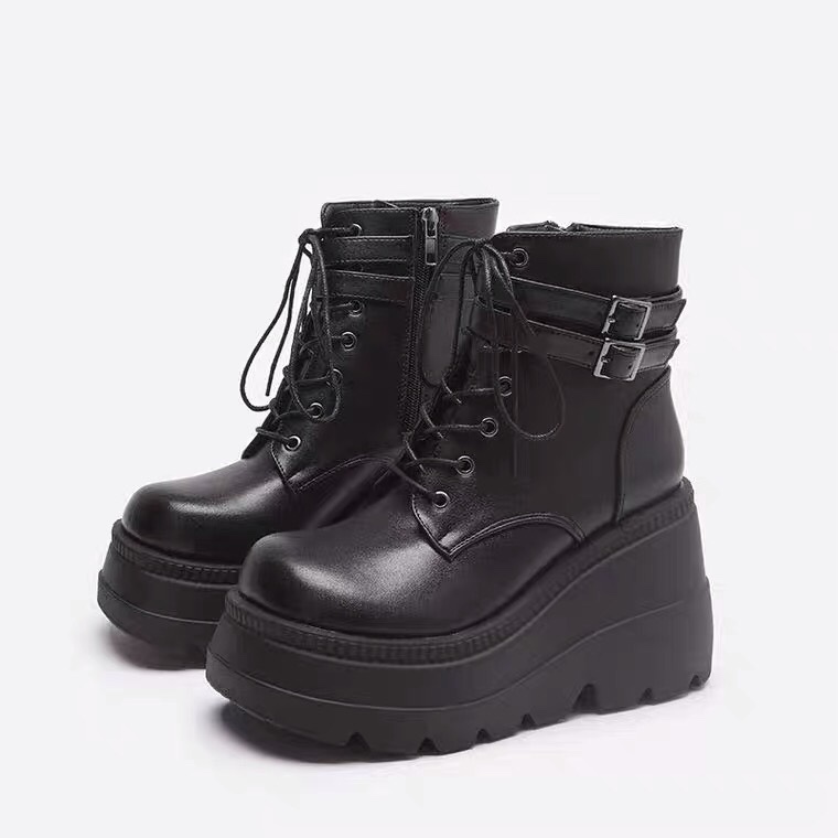 women platform boots wedge shoes女防水台圆头厚底短筒靴女鞋