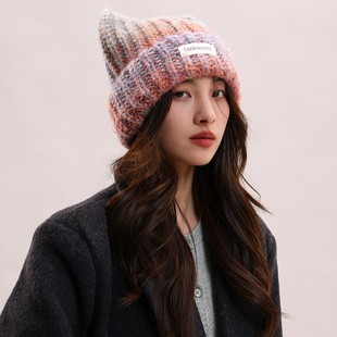 亚比风可爱渐变猫耳朵针织帽子女款2025新款冷帽毛线帽秋冬天包头