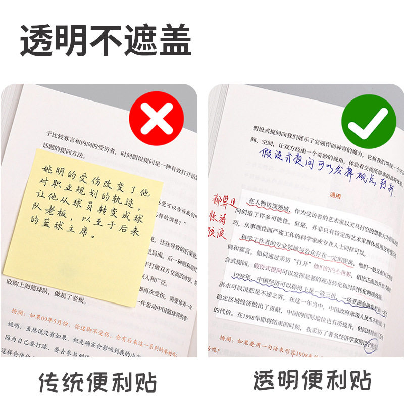 투명한 끈끈한 스티커는 손으로 직접 쓸 수 있고 끈끈하고 떼어낼 수 있는 끈끈한 메모가 될 수 있으며 잘생긴 학생들은 메모를 하고 핵심 사항을 강조하는 데 사용할 수 있습니다