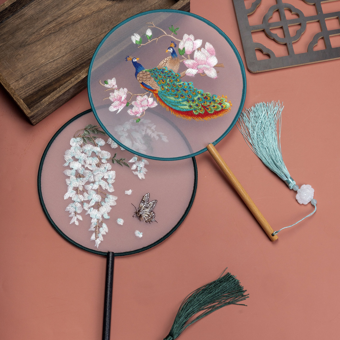 团扇古风扇子儿童古典舞蹈扇女式中国风旗袍刺绣圆扇跳舞双面绣