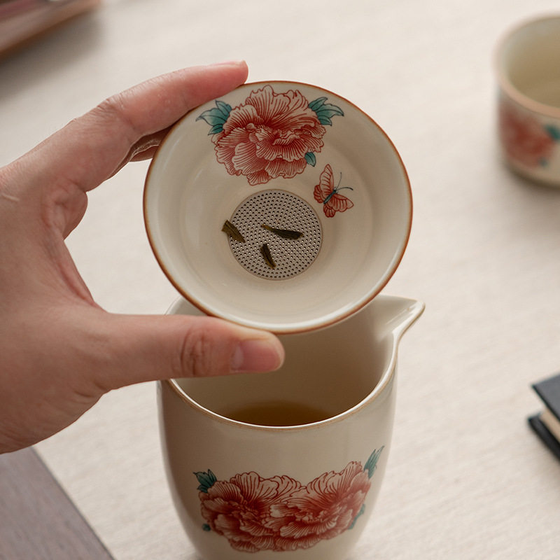 几欢汝窑牡丹花茶漏一体泡茶茶叶过滤网瓷孔漏斗功夫陶瓷茶隔