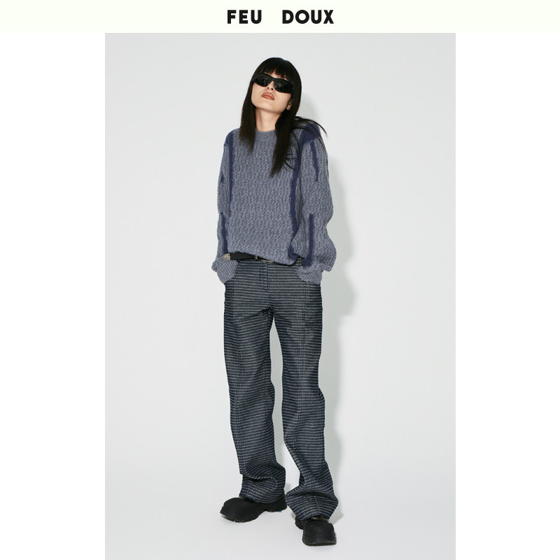 FEUDOUX刺绣拼接提花直筒牛仔裤