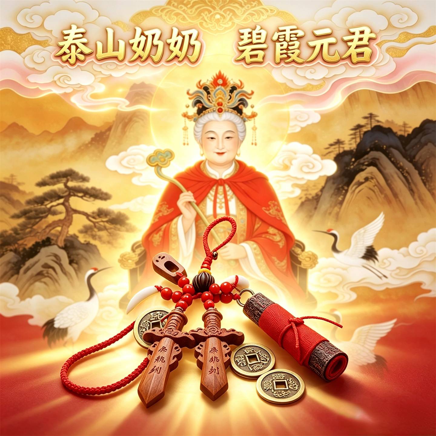 泰山奶奶碧霞元君手工朱砂桃木