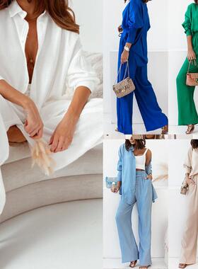 Solid color loose shirt wide leg trousers casual suit