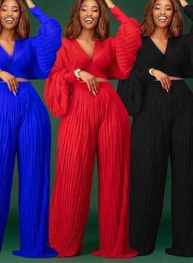 Women's top + wide leg pants fall plus-size suit大码女士