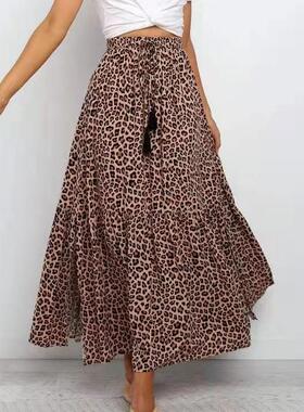 women skirt 24 autumn elastic high waist brown leopard print