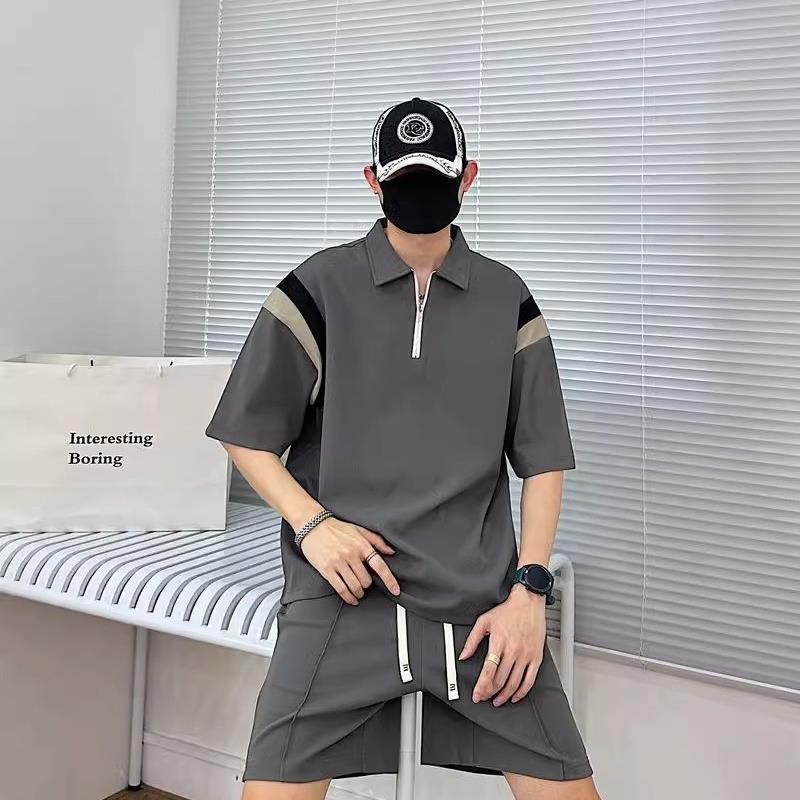 休闲运动套装男夏季2023新款时尚拉链撞色简约百搭短袖polo衫短裤