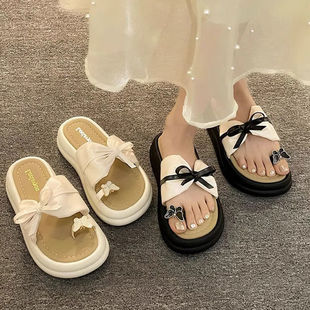 厚底增高蝴蝶结夹趾女外穿2025新款 夏季 时尚 百搭休闲沙滩懒人凉鞋