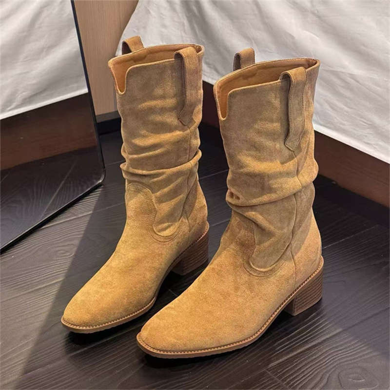 粗跟中筒短靴堆堆靴女2025新款秋季软皮 马丁靴小个子内增高靴子