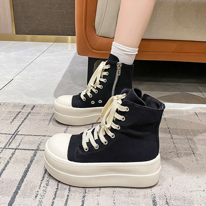 潮酷休闲板鞋小众短靴女高帮鞋2025新款春秋季松糕厚底增高帆布鞋