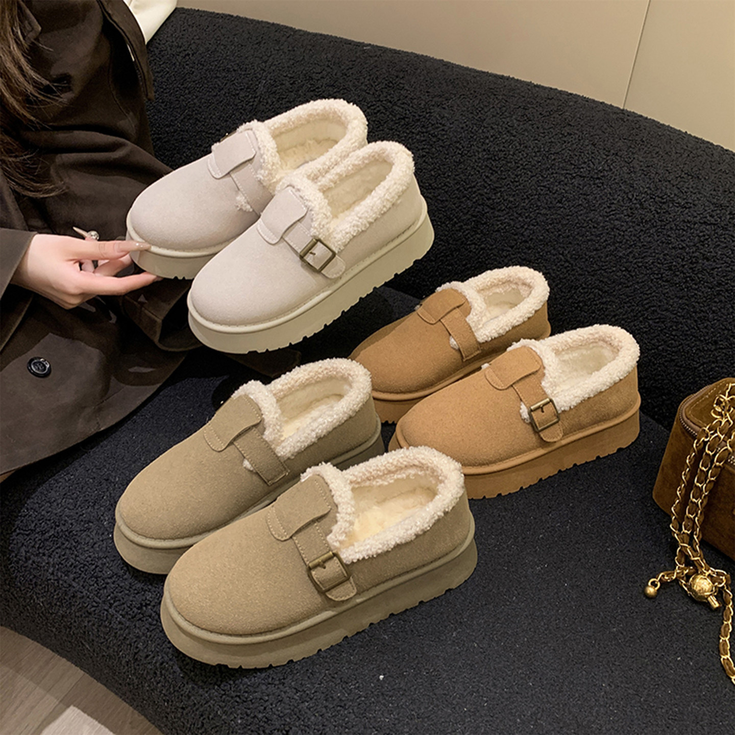 勃肯鞋网红新款厚底防滑增高加绒加厚毛毛保暖鞋百搭豆豆面包棉鞋,女鞋,棉鞋,淘宝优惠券,粉丝福利购,淘宝优惠卷