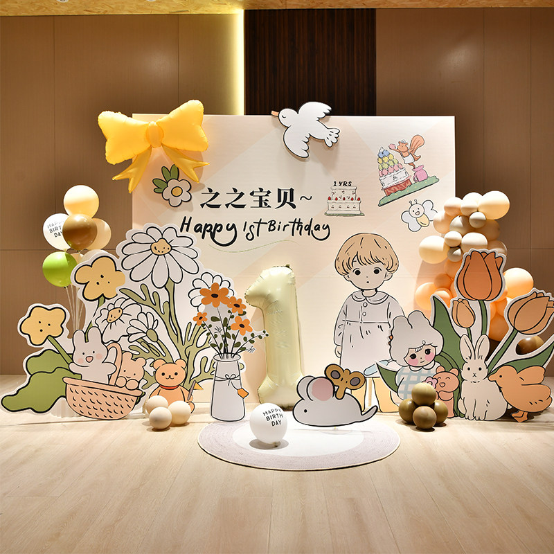 ins风宝宝生日布置装饰韩系儿童卡通一周岁宴气球背景墙酒店kt板