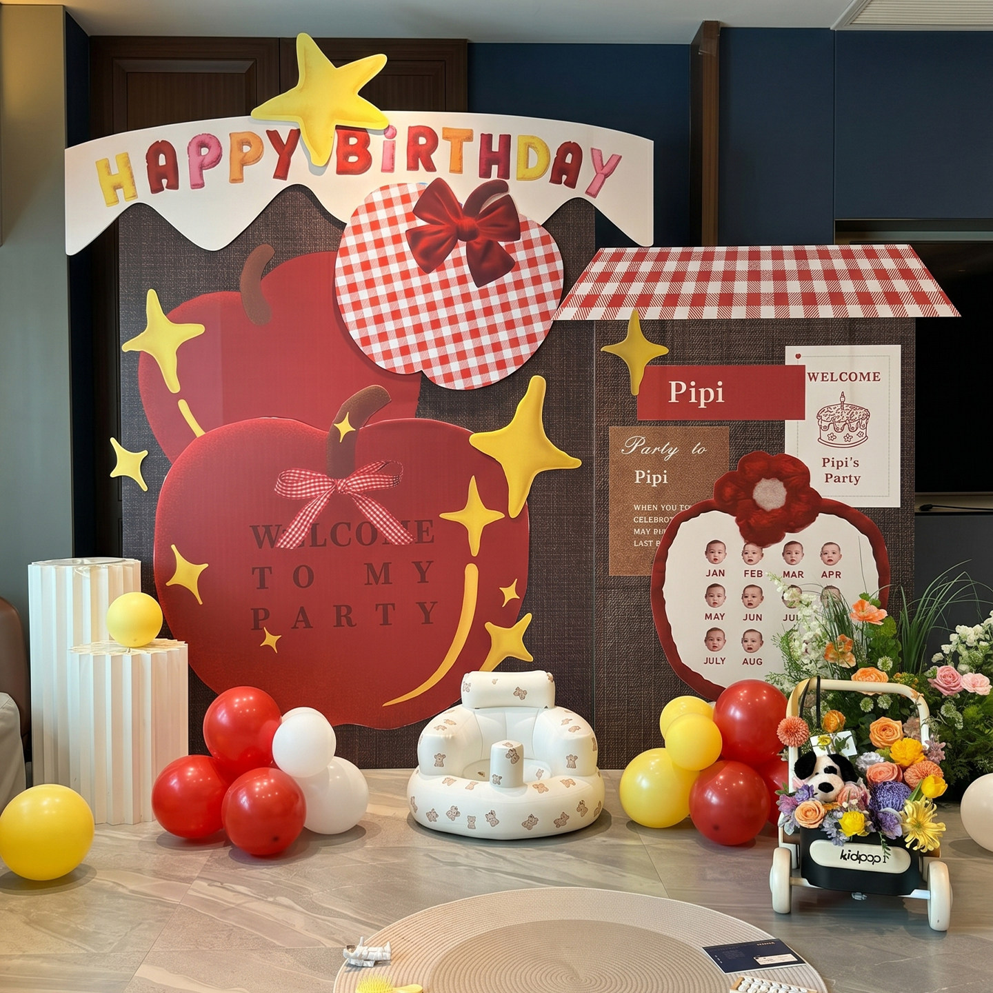 男孩女孩ins格子生日布置百天周岁定制kt板氛围感气球装饰背景墙图片