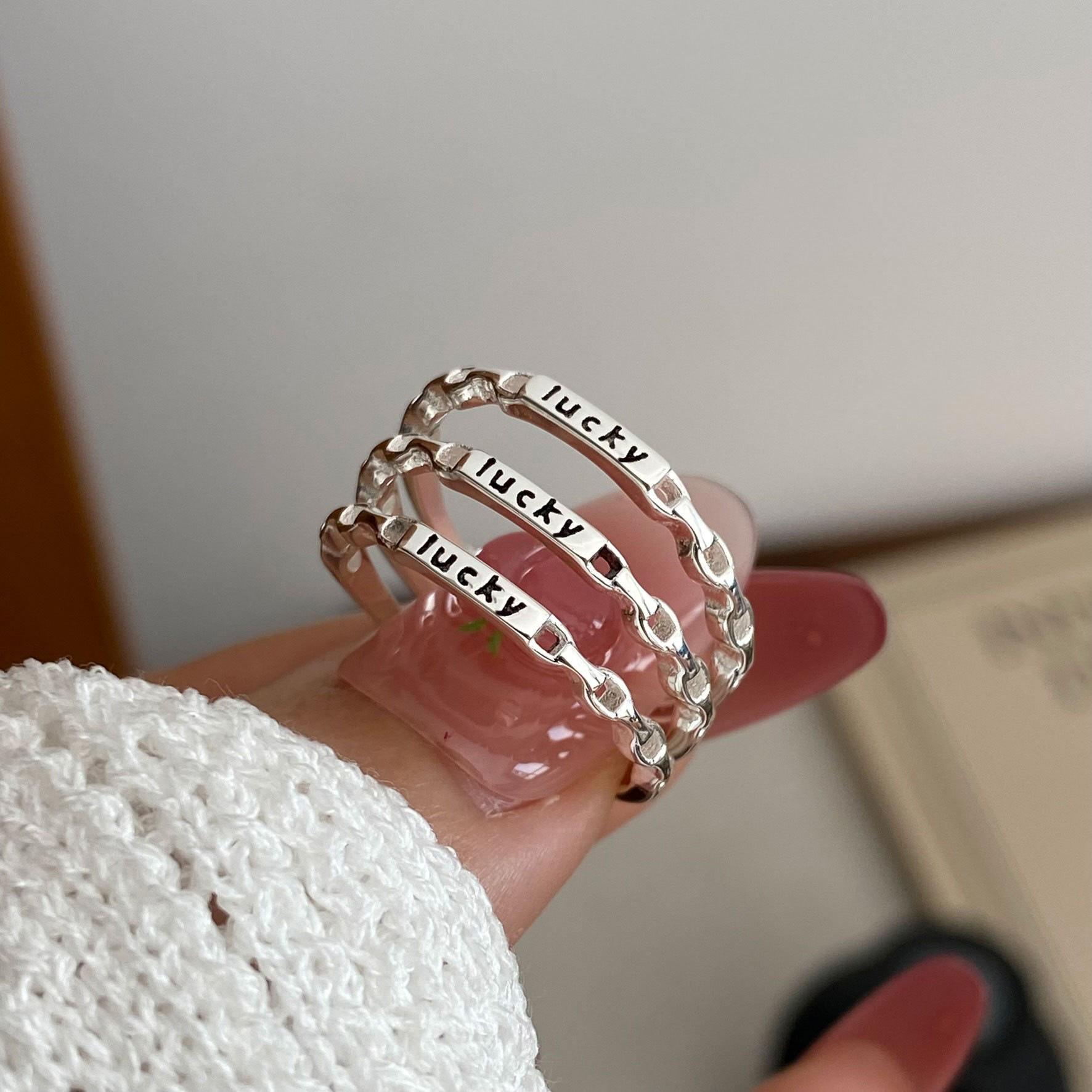 S925纯银幸运字母戒指开口食指戒