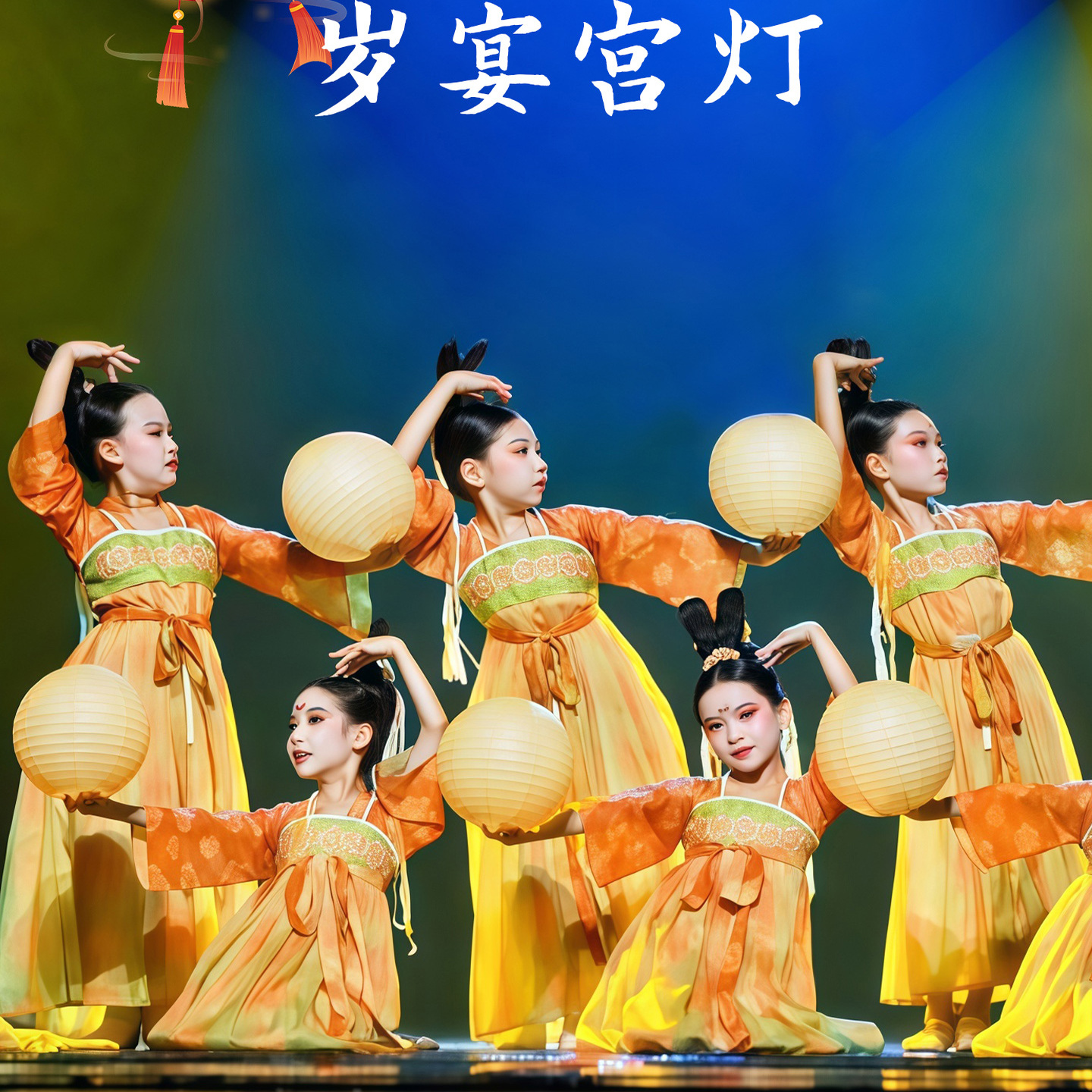 岁宴宫灯舞蹈演出服服儿童古典舞表演服汉服女蝴蝶梦灯笼折叠道具