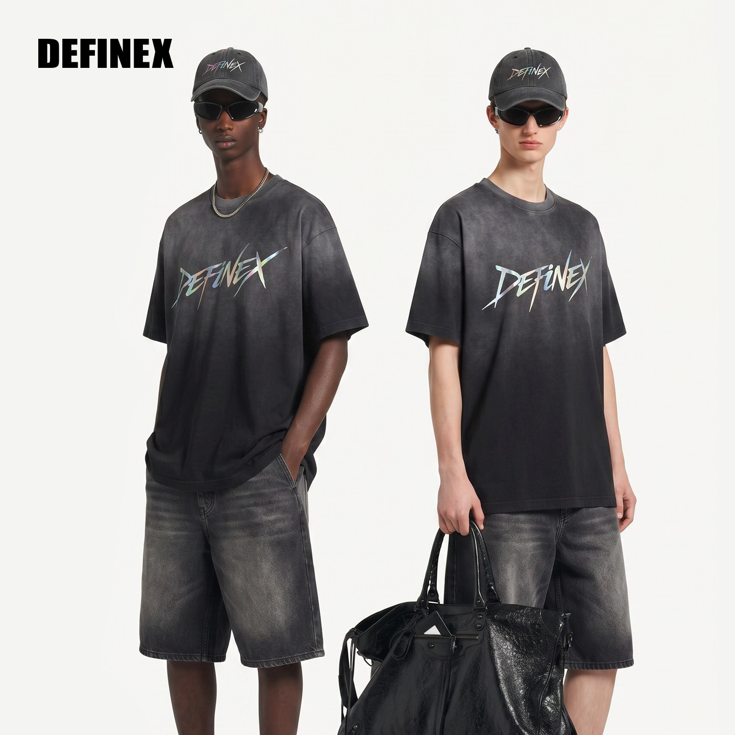 DEFINEX2025夏新品镭射银字母水洗复古T恤做旧渐变宽松潮牌上衣
