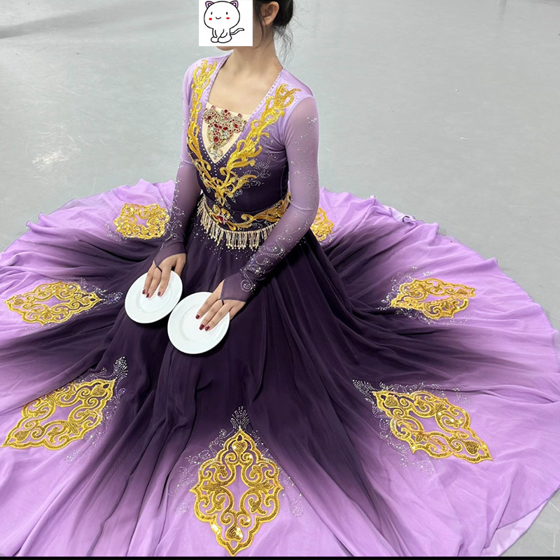 千织万丝民族舞蹈演出服女维族紫色大摆裙艺考剧目服表演服装定制