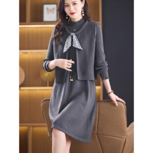 MONLOUVE高级感淑女风针织连衣裙女秋冬红色蝴蝶结两件套中长款显