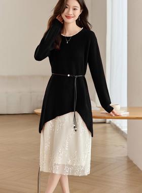 MONLOUVE2025新款法式温柔风红色针织连衣裙女高级感钉珠拼接显瘦