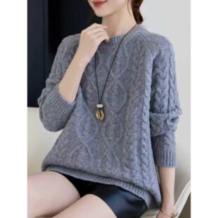 MONLOUVE慵懒风麻花针织毛衣女圆领打底衫2025秋冬款宽松时尚大版