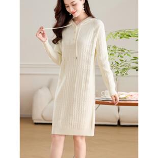 MONLOUVE秋冬季宽松休闲连帽针织毛衣女卫衣裙时尚慵懒风中长款打