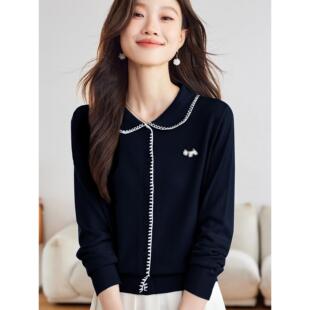 MONLOUVE条纹娃娃领针织开衫女蓝色纽扣毛衣外套洋气减龄小个子外