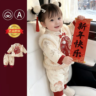 山水画国风男女宝宝冬装衣服汉服拜年服套装儿童唐装婴儿新年过年