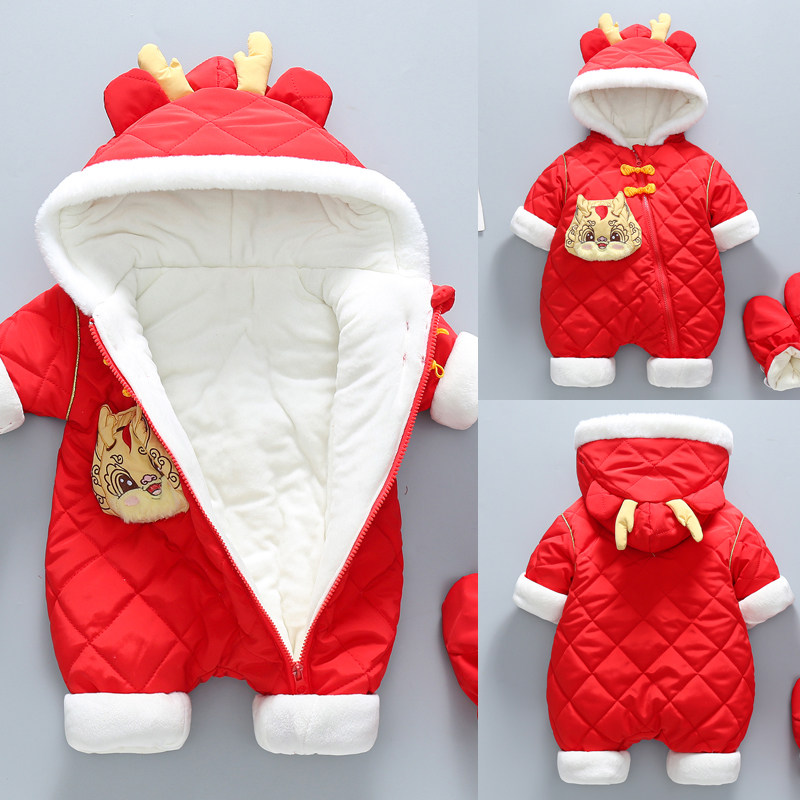 新年宝宝衣服新年过年拜年服福娃年喜庆婴儿连体衣新生儿冬装红色