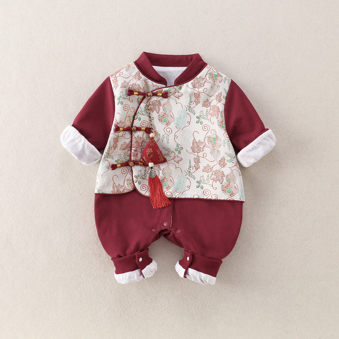 婴儿连体衣宝宝衣服新生儿满月哈衣周岁喜庆过年服花卉秋红色秋冬