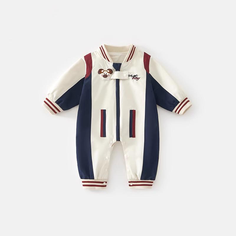 婴儿衣服秋装婴幼儿连体衣洋气男宝宝外出服韩版长拼色狗爬服春秋