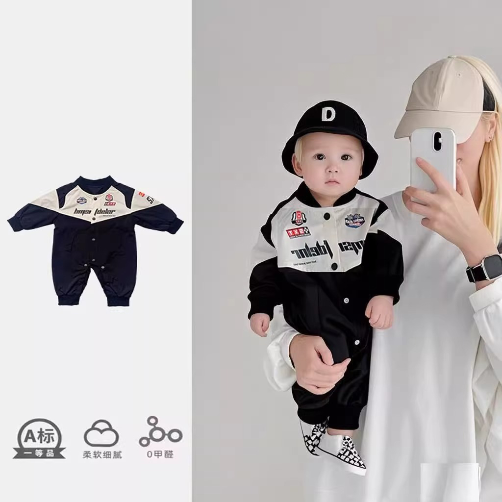 早秋婴儿赛车服连体衣男女宝街头外出冲锋衣宝宝哈衣帅气机车爬服