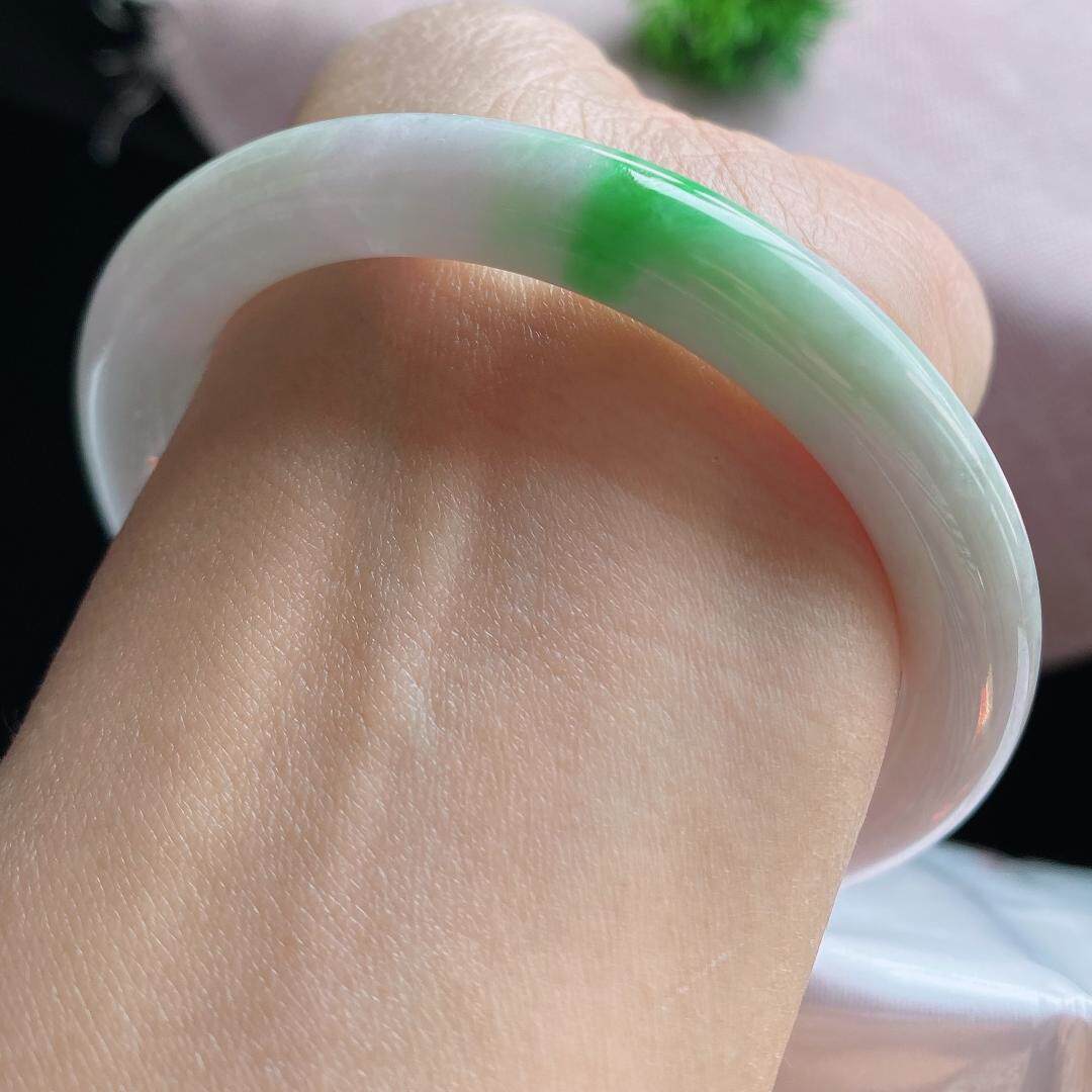 5556圆条天然缅甸a货糯种飘绿春带彩翡翠玉手镯正品官方旗舰店女