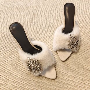 一字半拖外穿保暖毛毛高跟拖鞋 女2026春秋款 绝美水钻扣高跟鞋 法式