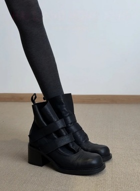 复古褶皱魔术贴高跟短靴女2025秋冬新款气质粗跟西部马丁靴瘦瘦靴