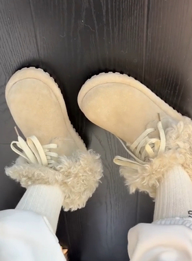 小个子毛毛系带短靴小众设计厚底时髦加绒雪地靴女冬保暖防滑棉鞋